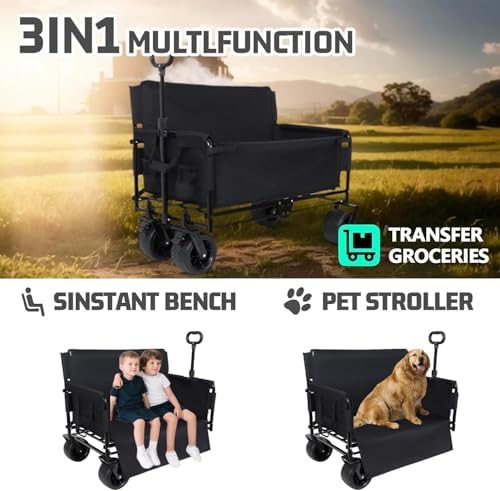 Heavy-Duty Utility Wagon Cart with Bench Seat & Storage - 500lbs Capacity, All-Terrain Wheels for Camping, Beach, Sports, Garden
