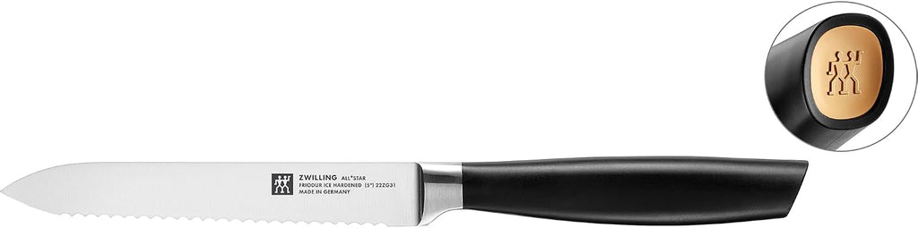 Zwilling All Star 5-inch Razor-Sharp German Serrated Utility Knife, Tomato Knife, Made in Company-Owned German Factory with Special Formula Steel perfected for almost 300 Years, Gold Matte End Cap