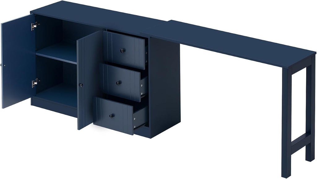 90' Extendable Freestanding Storage Cabinet, Kitchen Storage Bakers Rack with Silent Slides, Utility Food Cupboard with Adjustable Shelf for Kitchen Living Room, Navy Blue