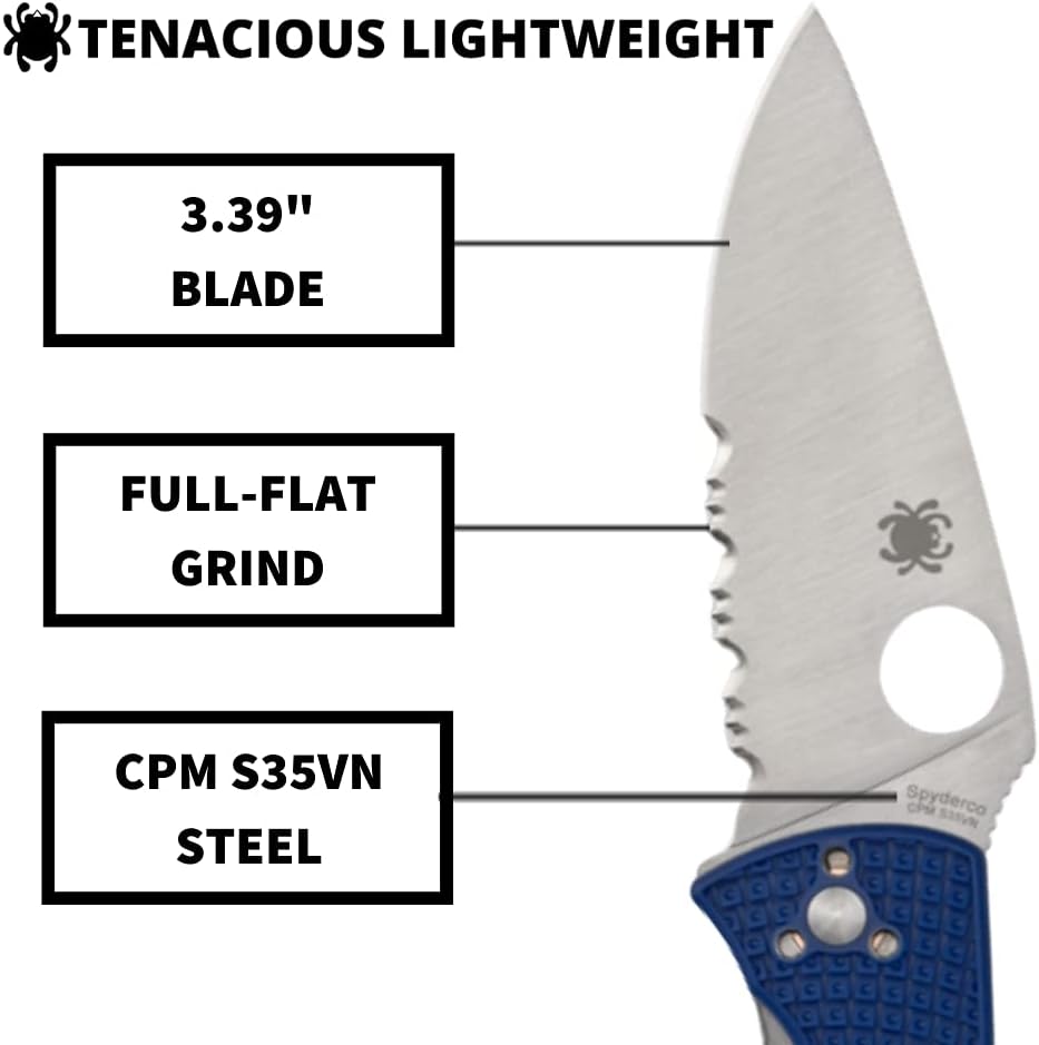 Spyderco Tenacious Lightweight Folding Utility Pocket Knife with 3.39' CPM S35VN Steel Blade and Blue nylon Handle - Everyday Carry - CombinationEdge - C122PSBL | 3.3' CPM S35VN Steel Blade, Blue, FRN Handle