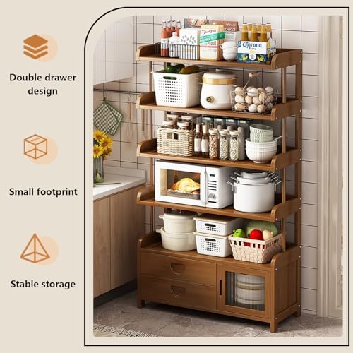 Bakers Rack Microwave Stand - Multi-Layer Storage with Magnetic Door, Double Drawer Design, 150 Catty Load Capacity, Ideal for Kitchen and Living Room