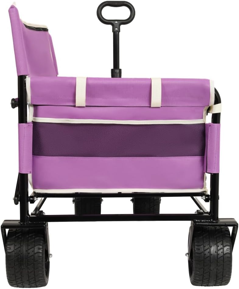 Heavy-Duty Folding Utility Wagon with All-Terrain Wheels and Convertible Seat – 500 lb Capacity, 180L Cargo Space for Outdoor Activities (Purple + Steel)