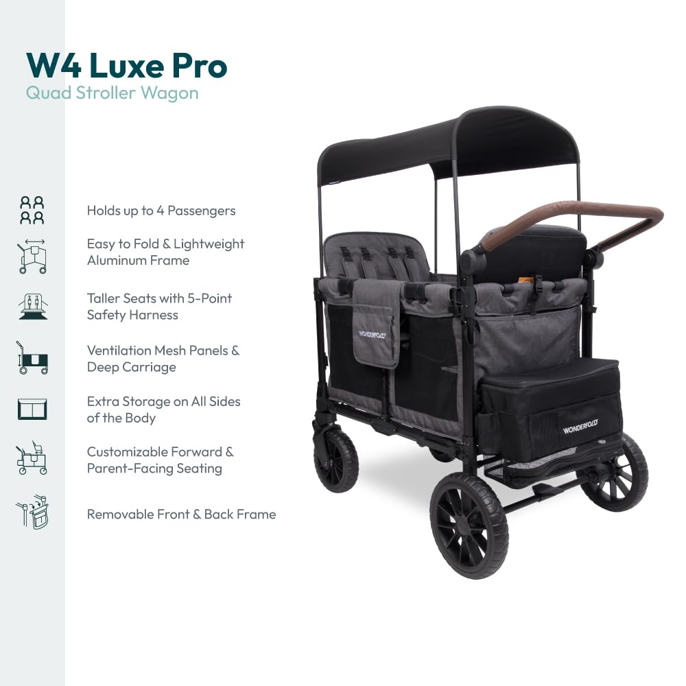 WonderFold W4 Luxe Pro Stroller Wagon - Collapsible Stroller Wagon with Aluminum Frame - Adjustable Canopy & Push Handle - XL All-Terrain Wheels - For Babies, Toddlers & Kids - 4 Seater - Gray