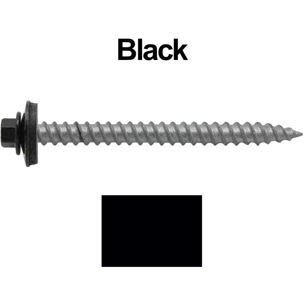 12 x 2-1/2' Black Metal Roofing Screws - Hex Washer Head- Self-Starting/Tapping - EPDM Washer. 3 X 250 Bags - 750 Screws
