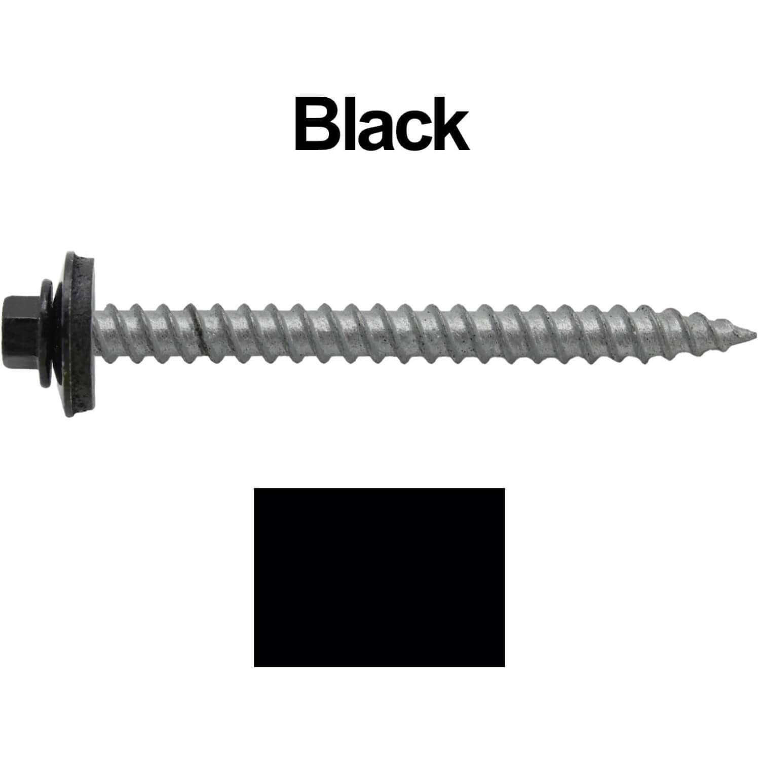 12 x 2-1/2' Black Metal Roofing Screws - Hex Washer Head- Self-Starting/Tapping - EPDM Washer. 3 X 250 Bags - 750 Screws
