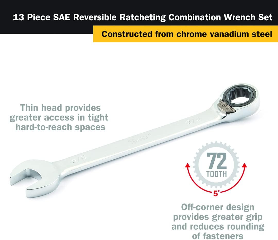 Titan 17364 13-Piece 12 Point 72 Tooth SAE Reversible Ratcheting Combination Wrench Set