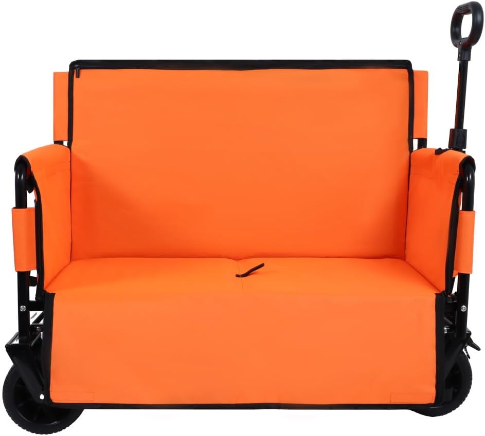 Heavy-Duty Folding Utility Wagon with All-Terrain Wheels and Convertible Seat – 500 lb Capacity, 180L Cargo Space for Outdoor Activities (Orange + Steel)