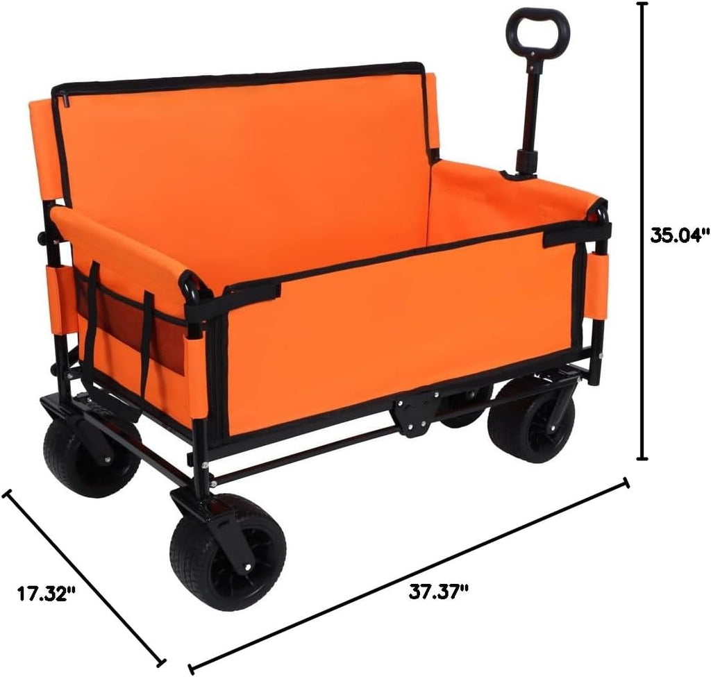 3-in-1 Convertible Folding Wagon Cart with Bench Seat & Storage - 500lbs Heavy-Duty Utility Wagon with All-Terrain Wheels (Orange + Steel)