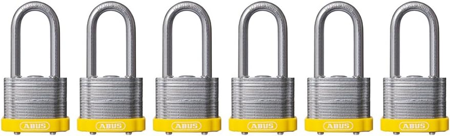 ABUS 41/40 Laminated Steel Safety Padlock Yellow Bumper Keyed Alike, Long 2' Shackle, Pack of 6 (19345)