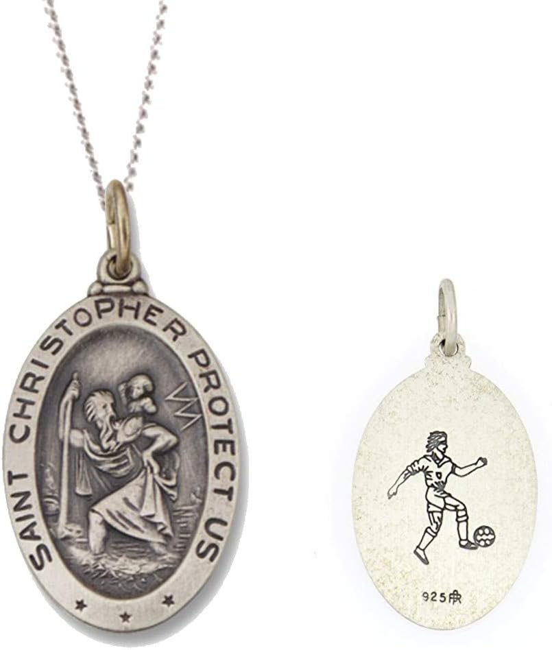 925 Sterling Silver Polished Antiqued-Finish Double Sided Saint Christopher Oval Sports Pendant Medal Necklaces