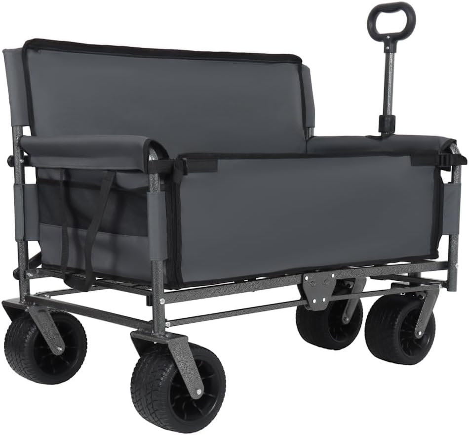 Heavy-Duty Folding Utility Wagon with All-Terrain Wheels and Convertible Seat – 500 lb Capacity, 180L Cargo Space for Outdoor Activities (Gray + Steel)