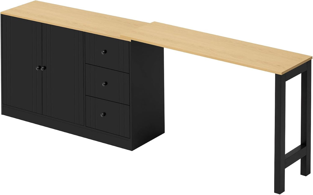 90' Extendable Freestanding Storage Cabinet, Kitchen Storage Bakers Rack with Silent Slides, Utility Food Cupboard with Adjustable Shelf for Kitchen Living Room, Black+Natural