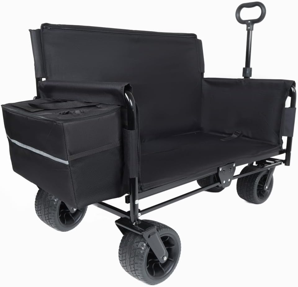3-in-1 Folding Wagon Cart with Bench Seat and Storage, Heavy-Duty All-Terrain Utility Cart with Removable Cooler Pouch, 500lbs Capacity for Camping, Beach, Sports, and Garden (Black + Steel)