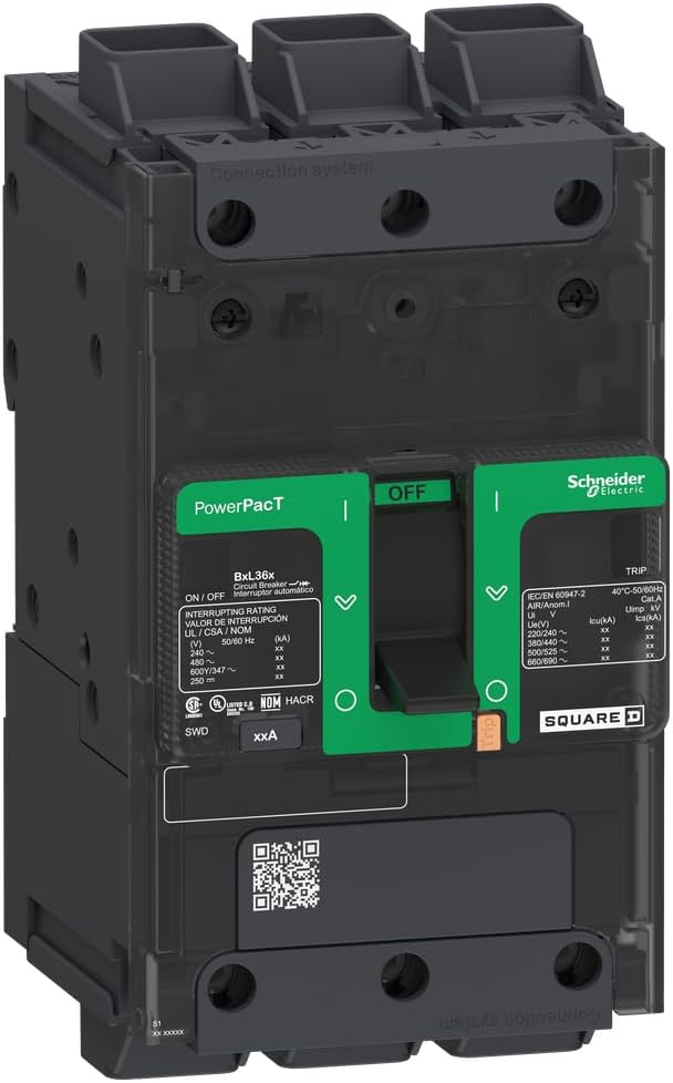Square D by Schneider Electric BDL36020 PowerPacT B Circuit Breaker with Thermal-Magnetic Trip Unit Technology and Back Pan or DIN Rail Mounting, 20 Amp, 3 Pole