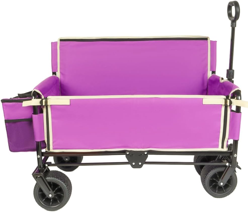 3-in-1 Folding Wagon Cart with Bench Seat and Storage, Heavy-Duty All-Terrain Utility Cart with Removable Cooler Pouch, 500lbs Capacity for Camping, Beach, Sports, and Garden (Purple + Steel)