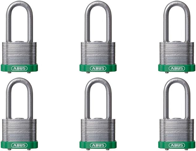 ABUS 41/40 Laminated Steel Safety Padlock Green Bumper Keyed Alike, Long 2' Shackle, Pack of 6