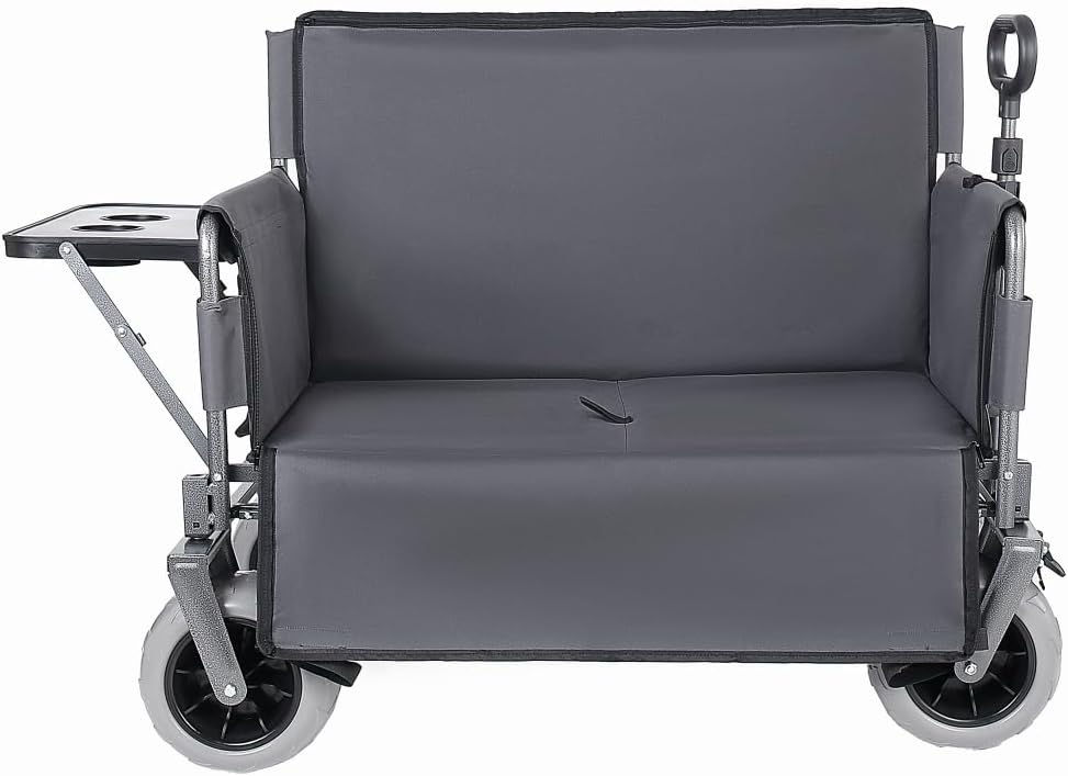 Heavy-Duty Folding Wagon with Bench Seat and Rear Folding Tabletop – 500-Pound Capacity, All-Terrain Beach Wheels for Outdoor Use (Gray + Steel)