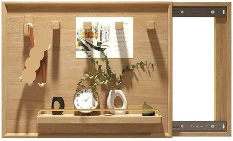 Wooden Electric Meter Box Cover with Sliding Door, Indoor Electrical Box Cover, Decorative Fuse Box Covers, Wall Electrical Panel Cover with Hooks for Home(Natural,L21.7 x H17.7in)