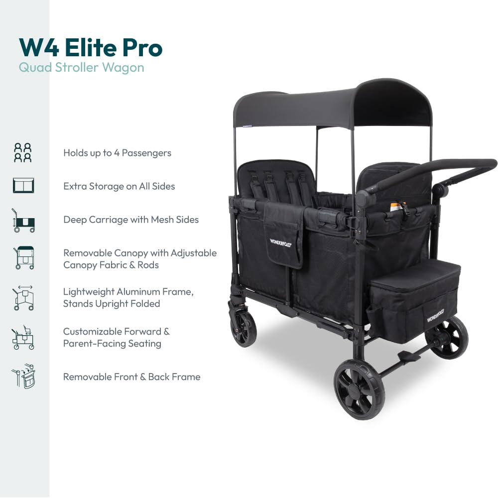 WonderFold W4 Elite Pro Stroller Wagon - Foldable Wagon with Aluminum Frame - Adjustable Canopy & Push Handle - All-Terrain Wheels - For Babies, Toddlers & Kids - 4 Seater - Jet Black