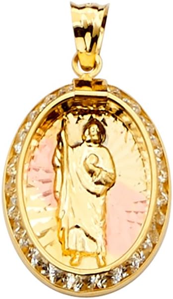 TGDJ 14K Tri Color Gold San Judas Medal Pendant - Crucifix Charm Polish Finish - Handmade Spiritual Symbol - Gold Stamped Fine Jewelry - Great Gift for Men & Women for Occasions, 25 x 14 mm, 1.2 gms