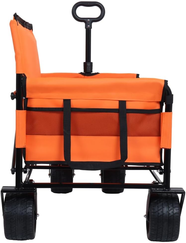 3-in-1 Convertible Folding Wagon Cart with Bench Seat & Storage - 500lbs Heavy-Duty Utility Wagon with All-Terrain Wheels (Orange + Steel)