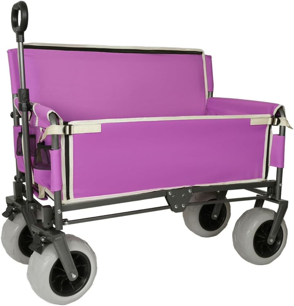 Heavy-Duty Foldable Utility Wagon with All-Terrain Wheels, Bench Seat & Large Storage Capacity for Outdoor Activities, Garden, Beach and Sports (Purple + Steel)