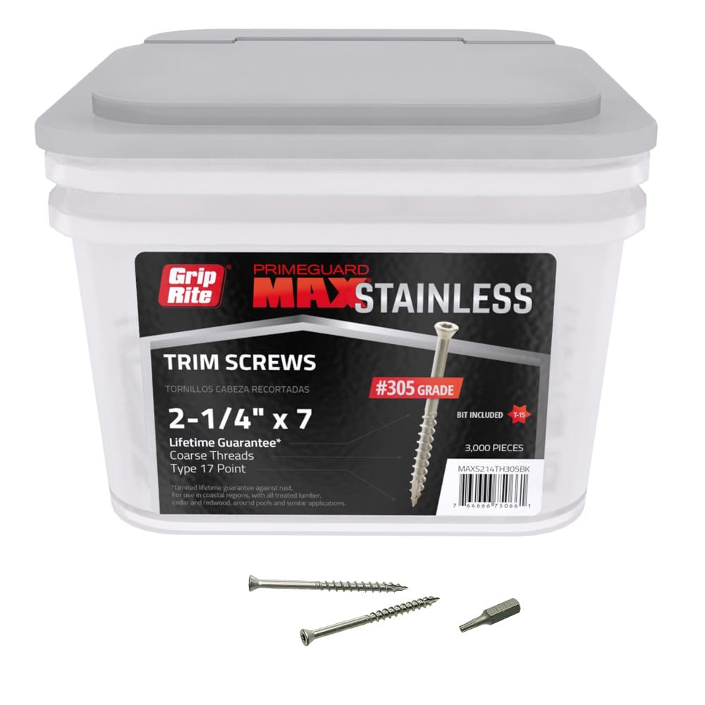 Grip-Rite PrimeGuard Max Trim Screws for Outdoor Projects - Trim Head - Coarse Thread Wood Screws - T15 Star Drive - 305 Stainless Steel - #7 x 2-1/4' - 3000 Screws - MAXS214TH305BK