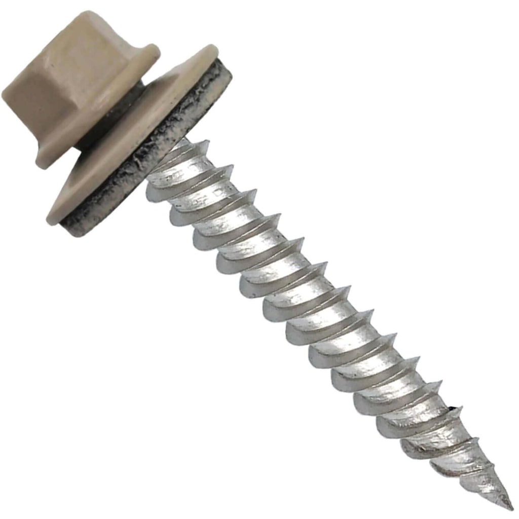 Stainless Steel Metal Roofing Screw: Surrey Beige (250) 12 x 1-1/2' Hex Sheet Metal Roof Screw. Sharp Point Metal to Wood siding Screws. 5/8' EPDM Washer.
