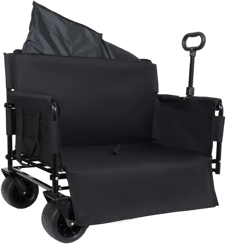Heavy-Duty Folding Utility Wagon with All-Terrain Wheels and Convertible Seat – 500 lb Capacity, 180L Cargo Space for Outdoor Activities (Black + Steel)
