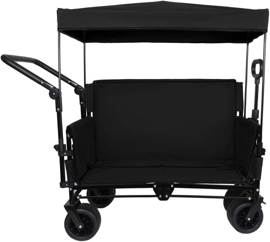 Heavy-Duty Folding Wagon Cart with Canopy, Bench Seat & Storage Compartment for Outdoor Activities, Beach Trips, Camping, Sports Events and Garden Use (Black + Steel)