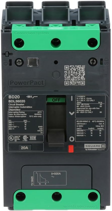 Square D by Schneider Electric BDL36020 PowerPacT B Circuit Breaker with Thermal-Magnetic Trip Unit Technology and Back Pan or DIN Rail Mounting, 20 Amp, 3 Pole