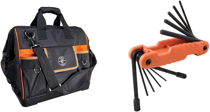 Klein Tools 55469 Tradesman Pro Wide-Open Tool Bag Made of 1680 Ballistic Weave & 70550 Hex Wrench Key Set, 11 SAE Sizes, Heavy Duty Folding Allen Wrench Tool
