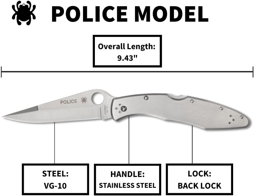 Spyderco Police Model Folding Pocket Knife with 4.2' VG-10 Steel Blade and Stainless Steel Handle - EDC Knife for Men and Women, Perfect for Hunting, Tactical, Camping, Survival - PlainEdge - C07P