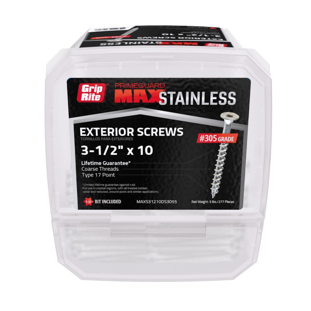Grip-Rite PrimeGuard Max Deck Screws for Outdoor Projects - Bugle Head - Coarse Thread Wood Screws - T25 Star Drive - 305 Stainless Steel - #10 x 3-1/2' - 5 Lb Box - MAXS31210DS3055