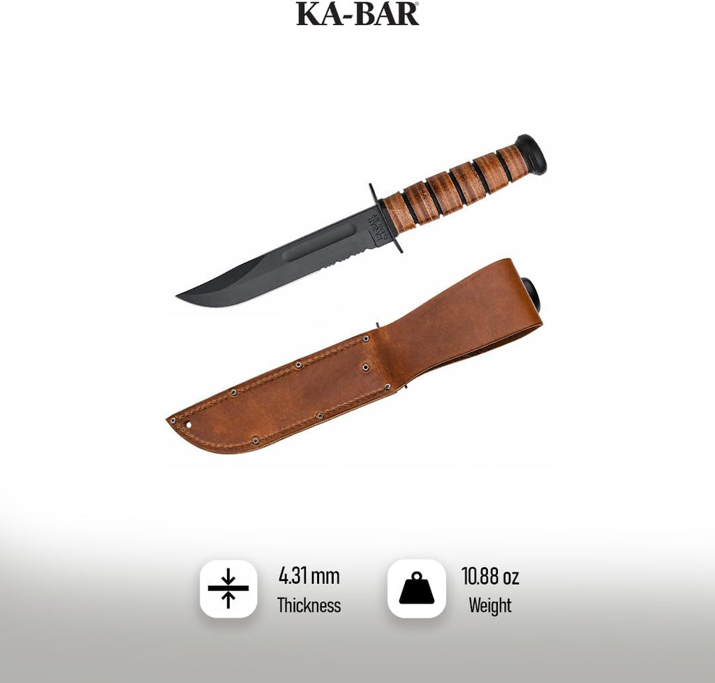 KA-BAR 1218 USMC Full-Size Fighting Knife – 7' Serrated Blade with Leather Sheath
