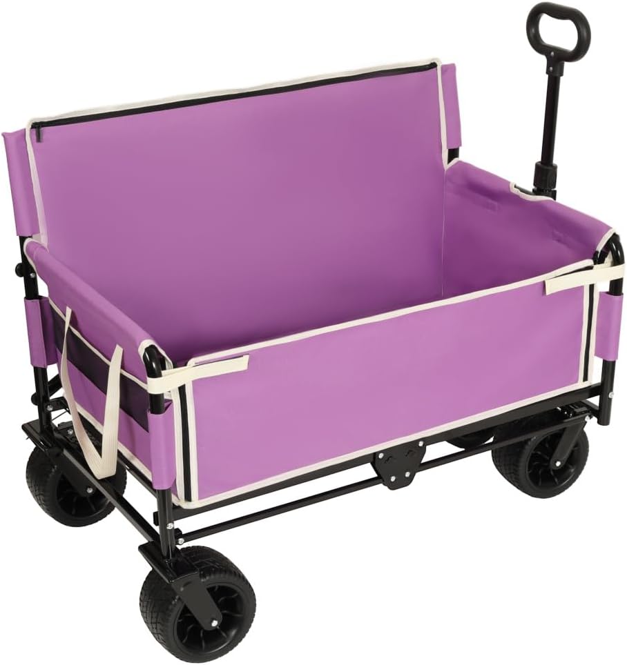 Heavy-Duty Folding Utility Wagon with All-Terrain Wheels and Convertible Seat – 500 lb Capacity, 180L Cargo Space for Outdoor Activities (Purple + Steel)