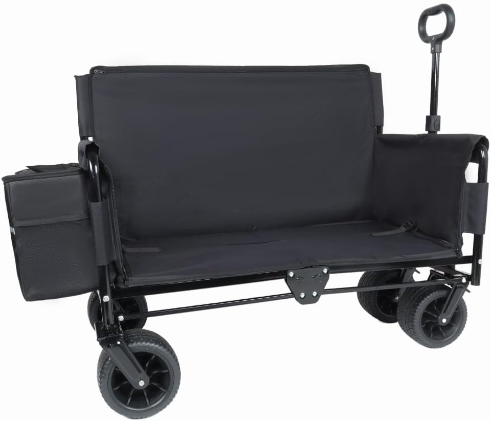 3-in-1 Folding Wagon Cart with Bench Seat and Storage, Heavy-Duty All-Terrain Utility Cart with Removable Cooler Pouch, 500lbs Capacity for Camping, Beach, Sports, and Garden (Black + Steel)