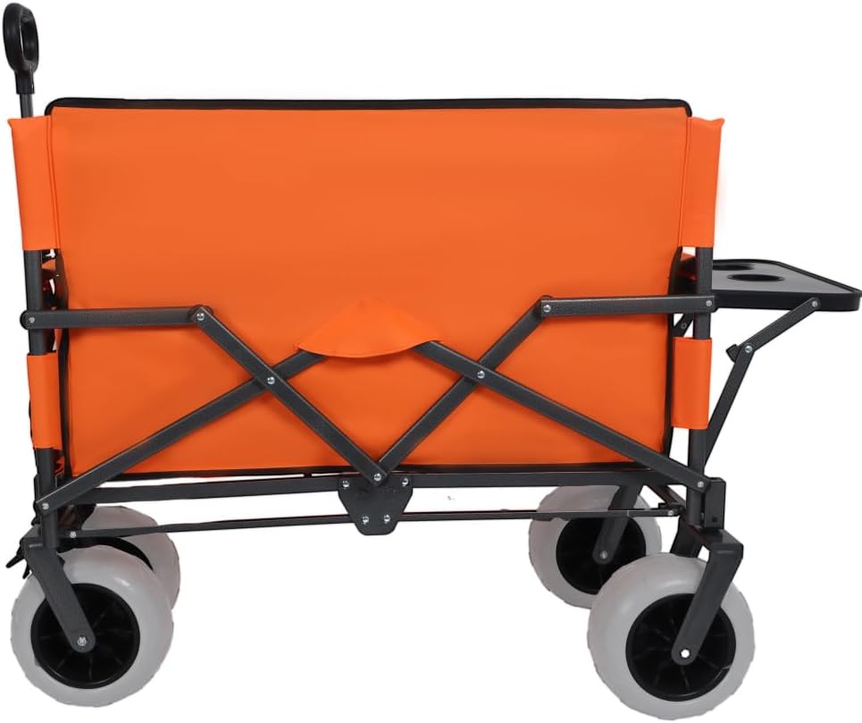 Heavy-Duty Folding Wagon with Bench Seat and Rear Folding Tabletop – 500-Pound Capacity, All-Terrain Beach Wheels for Outdoor Use (Orange + Steel)