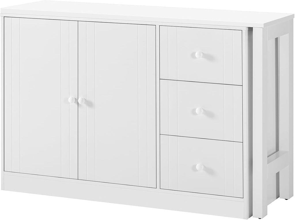 90' Extendable Freestanding Storage Cabinet, Kitchen Storage Bakers Rack with Silent Slides, Utility Food Cupboard with Adjustable Shelf for Kitchen Living Room, White