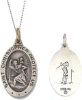 925 Sterling Silver Polished Antiqued-Finish Double Sided Saint Christopher Oval Sports Pendant Medal Necklaces