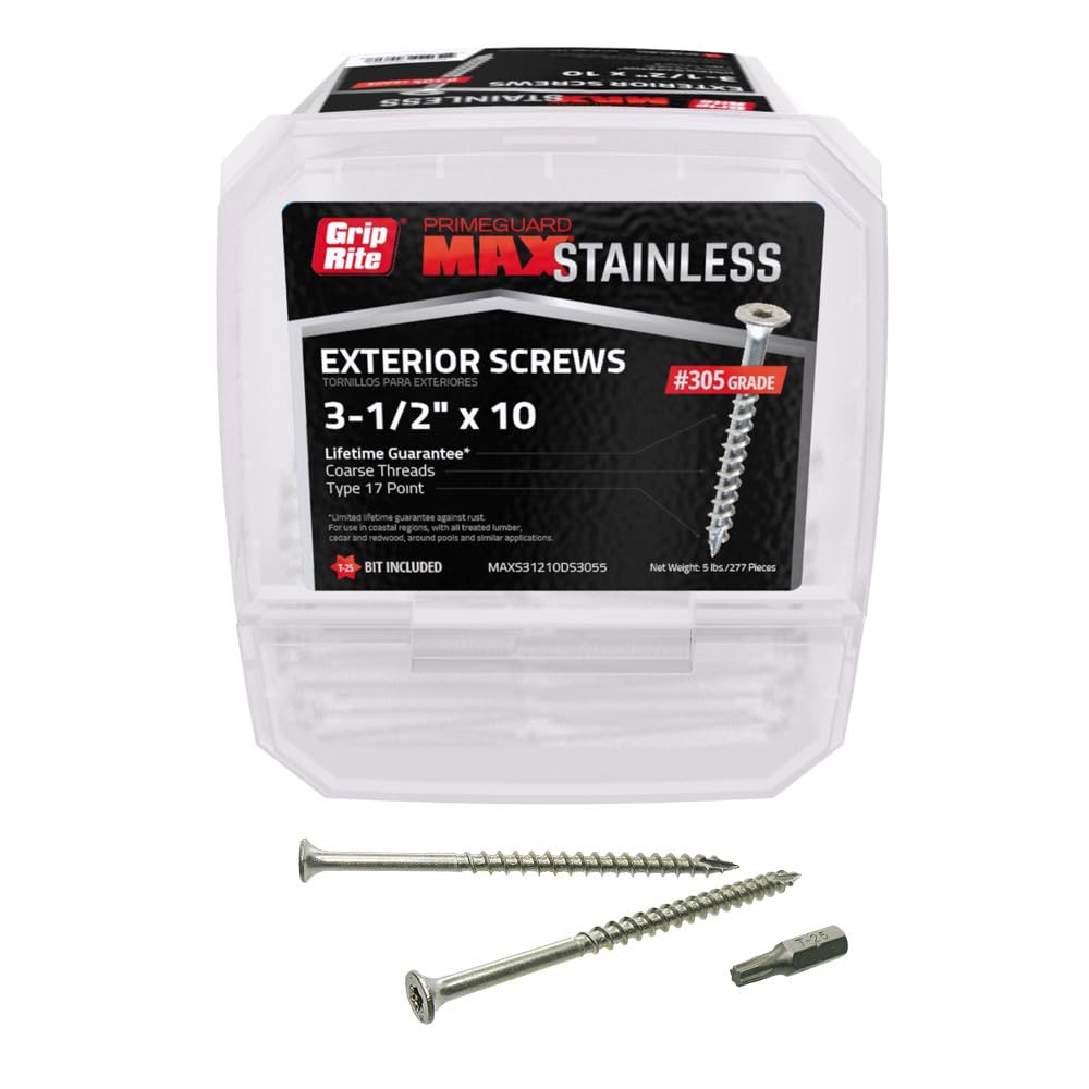 Grip-Rite PrimeGuard Max Deck Screws for Outdoor Projects - Bugle Head - Coarse Thread Wood Screws - T25 Star Drive - 305 Stainless Steel - #10 x 3-1/2' - 5 Lb Box - MAXS31210DS3055