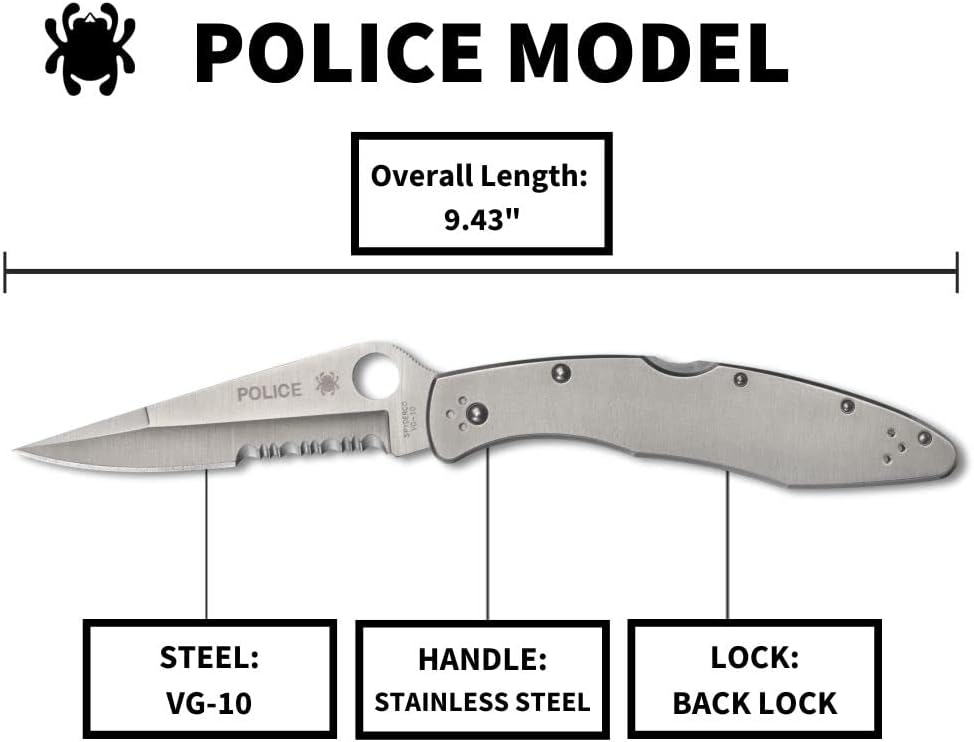 Spyderco Police Model Folding Pocket Knife with 4.2' VG-10 Steel Blade and Stainless Steel Handle - EDC Knife for Men and Women, Perfect for Hunting, Tactical, Camping - CombinationEdge - C07PS