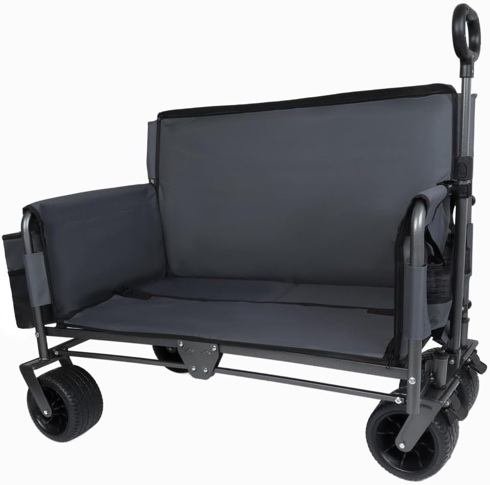 3-in-1 Folding Wagon Cart with Bench Seat and Storage, Heavy-Duty All-Terrain Utility Cart with Removable Cooler Pouch, 500lbs Capacity for Camping, Beach, Sports, and Garden (Gray + Steel)