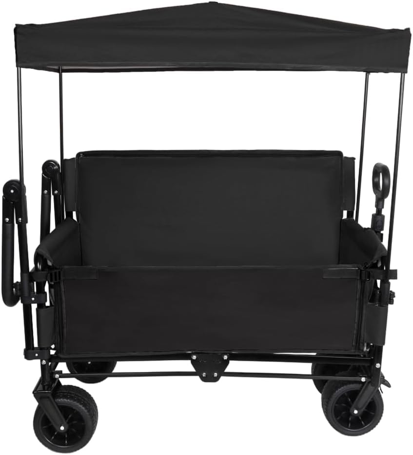 Heavy-Duty Folding Wagon Cart with Canopy, Bench Seat & Storage Compartment for Outdoor Activities, Beach Trips, Camping, Sports Events and Garden Use (Black + Steel)