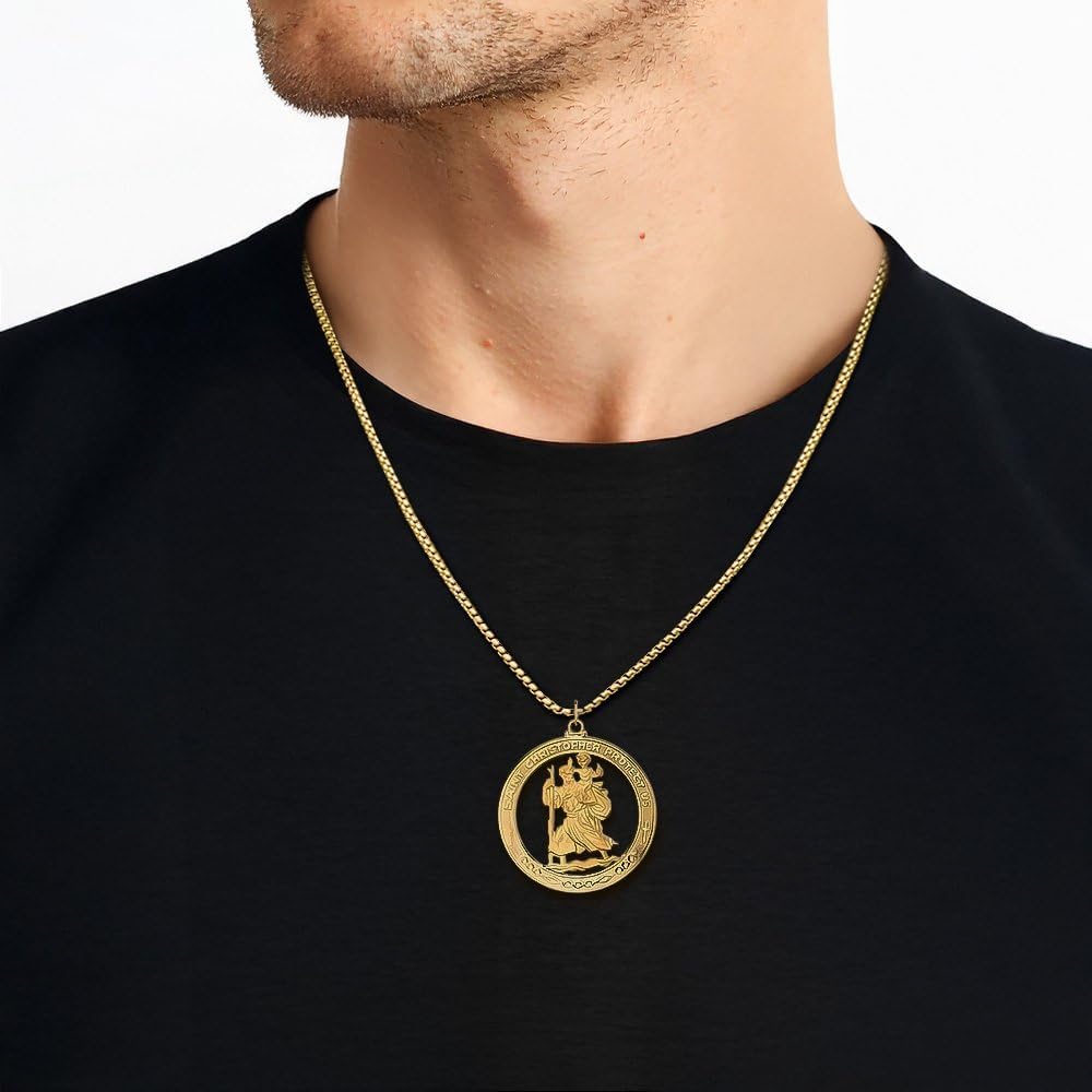 IceCarats 14K Solid Yellow Gold Extra Large Saint Christopher Medal Pendant Necklace 44.75mm 1 3/4 inch Polished, Satin For Her For Him