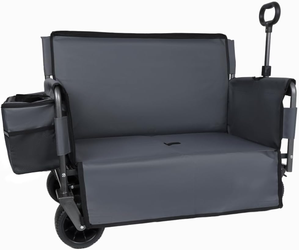 3-in-1 Folding Wagon Cart with Bench Seat and Storage, Heavy-Duty All-Terrain Utility Cart with Removable Cooler Pouch, 500lbs Capacity for Camping, Beach, Sports, and Garden (Gray + Steel)