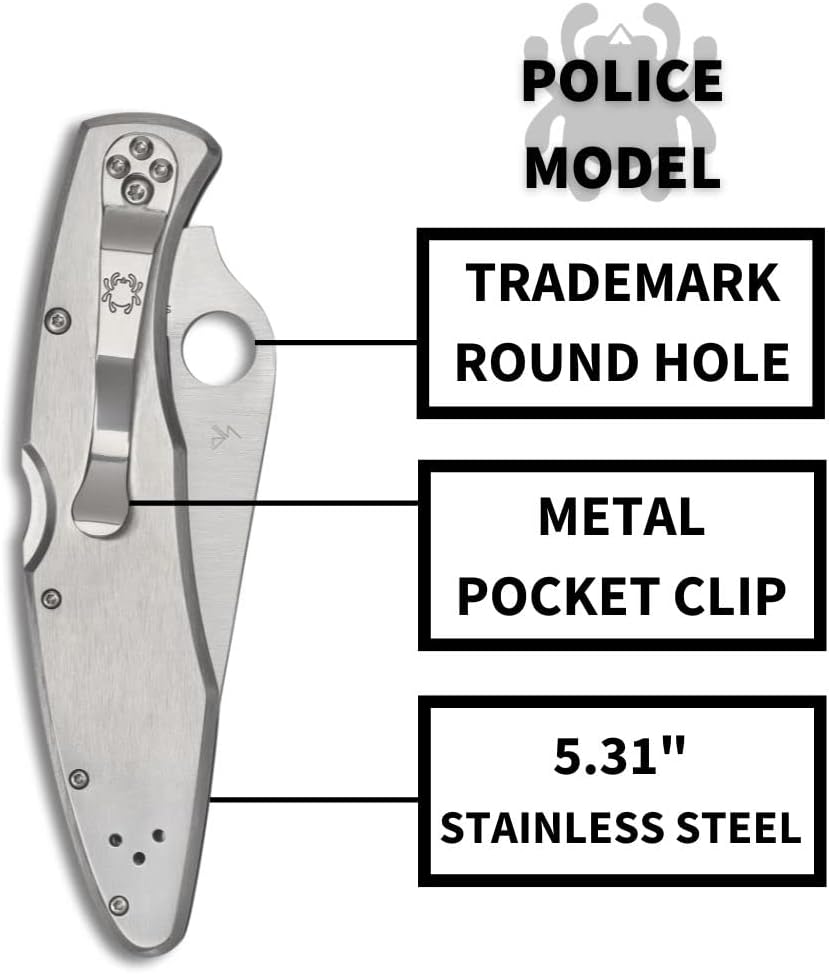 Spyderco Police Model Folding Pocket Knife with 4.2' VG-10 Steel Blade and Stainless Steel Handle - EDC Knife for Men and Women, Perfect for Hunting, Tactical, Camping, Survival - PlainEdge - C07P