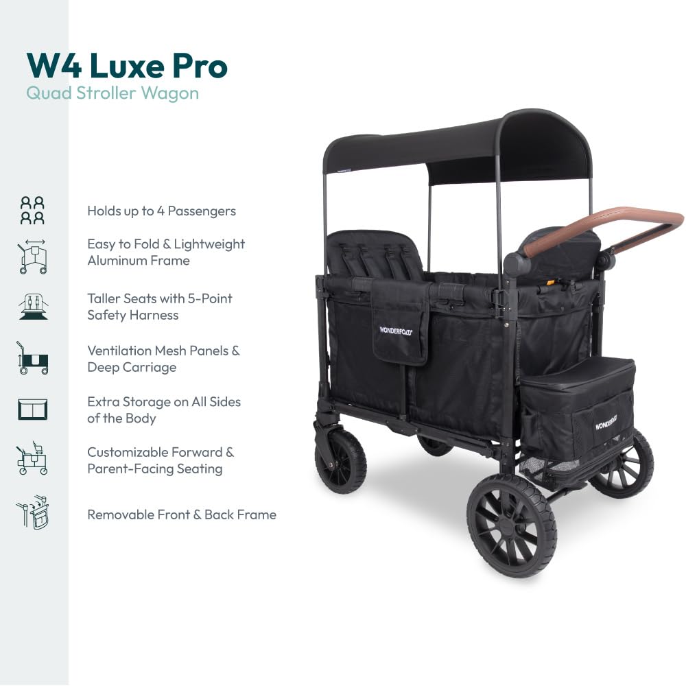 WonderFold W4 Luxe Pro Stroller Wagon - Collapsible Stroller Wagon with Aluminum Frame - Adjustable Canopy & Push Handle - XL All-Terrain Wheels - For Babies, Toddlers & Kids - 4 Seater - Black
