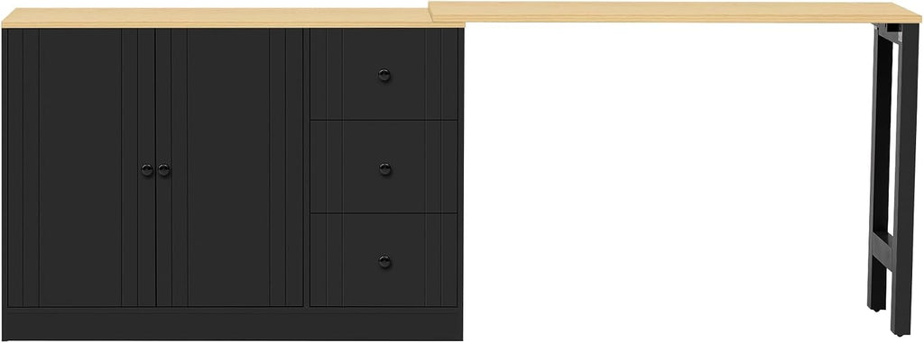 90' Extendable Freestanding Storage Cabinet, Kitchen Storage Bakers Rack with Silent Slides, Utility Food Cupboard with Adjustable Shelf for Kitchen Living Room, Black+Natural