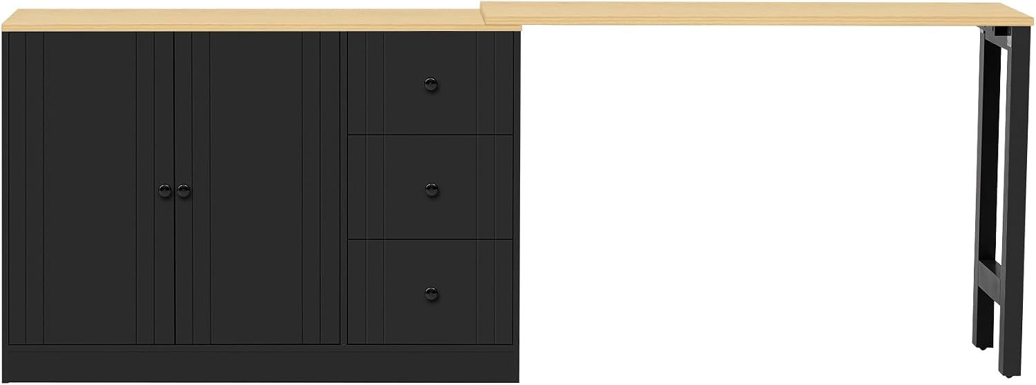90' Extendable Freestanding Storage Cabinet, Kitchen Storage Bakers Rack with Silent Slides, Utility Food Cupboard with Adjustable Shelf for Kitchen Living Room, Black+Natural